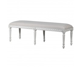 Luxusní masivní lavice Sebastian v provence stylu z mahagonového dřeva s bílou povrchovou úpravou a čalouněním s páskovou strukt