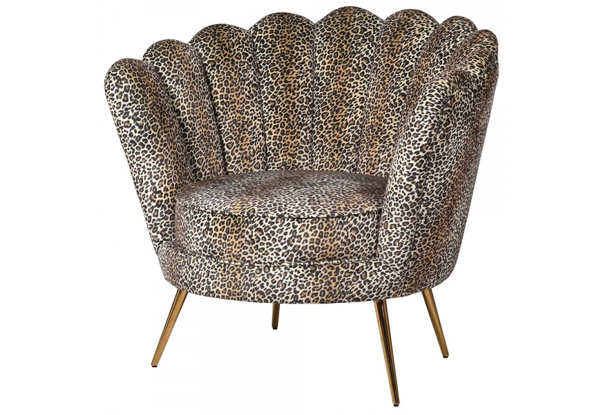 Art-deco designové křeslo Floppa se stylovým čalouněním s leopardím vzorem a zlatými kovovými nožičkami 88cm