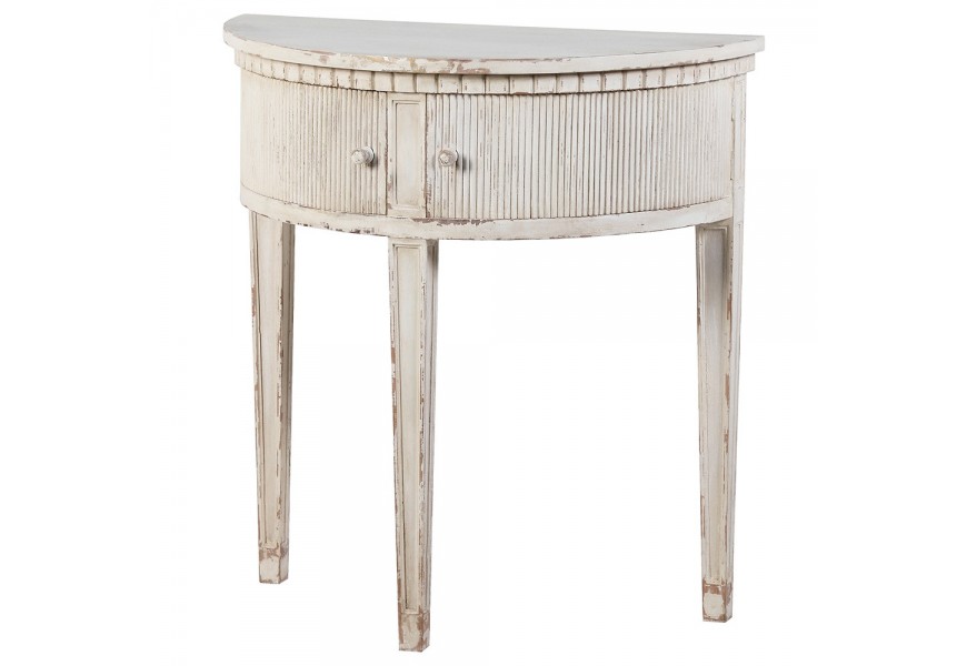 Provence bílý konzolový stolek Celene Rode půlkruhového tvaru na nožičkách v off white barvě s patinou a zásuvkami 78cm