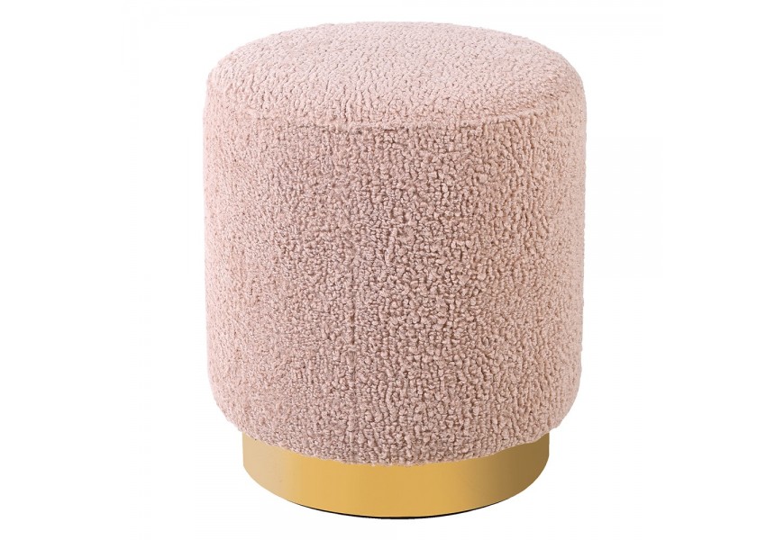 Designová buklé taburetka Blush v čalounění pudrově růžové barvy se zlato zbarvenou kovovou podstavou