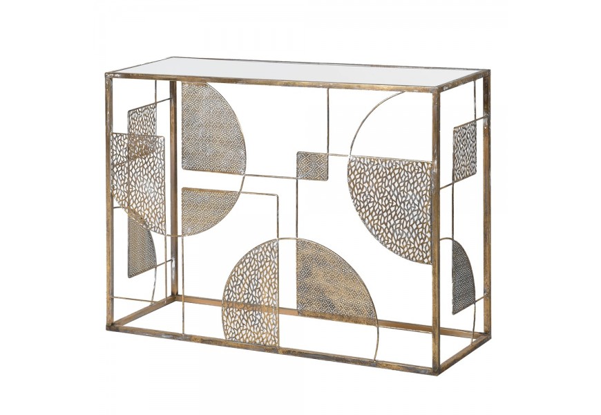 Art deco konzolový stolík Hector starozlatej farby s geometrickými vzormi kruh a štvorec