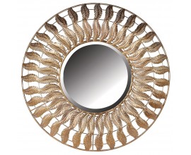 Art-deco kulaté velké nástěnné zrcadlo Philippe v kovovém rámu zlaté barvy se vzorem pírek 70cm