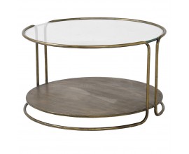 Luxusní kulatý konferenční stolek Miline se skleněnou vrchní deskou s kovovým rámem a podstavou vintage zlaté barvy 40cm
