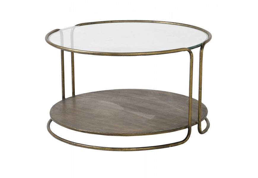 Art-deco skleněný kulatý konferenční stolek Miline s kovovým rámem ve zlaté barvě s vintage povrchovou úpravou