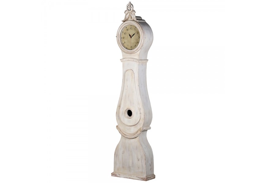Masivní mahagonové hodiny Celene Rode v bílé off white barvě s vyřezáváním a patinou v provence stylu as dírkami na kyvadlo