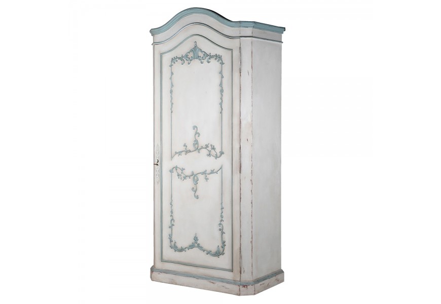 Masivní vintage šatní skříň Blare s dvířky v nadčasové bílé barvě s pastelovým zeleným zdobením a kovovým úchytem s klíčkem