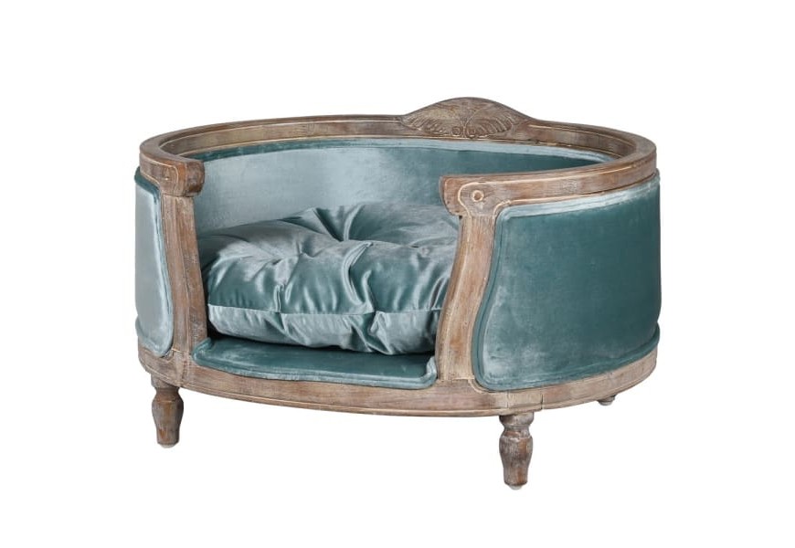 Stylová luxusní postel pro psa Blue Velvet oválného tvaru s tyrkysovým čalounemDvorazo sametu