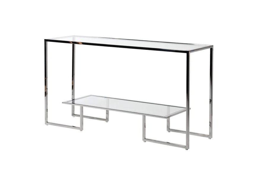 Designový skleněný konzolový stolek Moab v art-deco stylu ve stříbrné chromové barvě