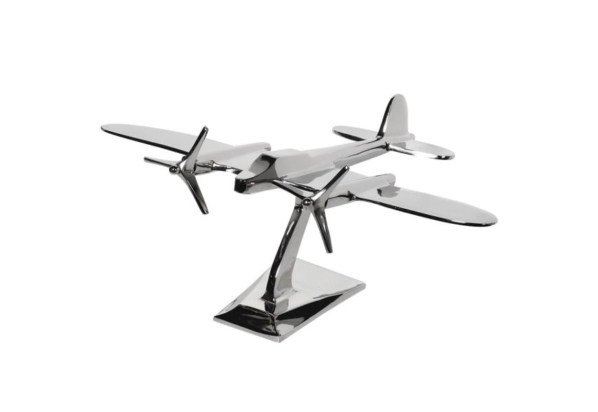 Stylová dekorační soška letadla Aeroplane Silver z kovu v lesklém stříbrném provedení