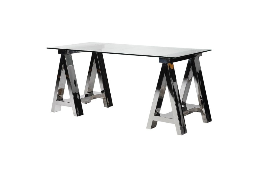 Designový art-deco kancelářský stůl Mirabel s chromovou konstrukcí z kovu a sklaněnou obdélníkovou deskou