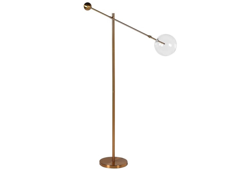Glamour stylová stojací lampa Samoa s průhledným kulatým stínítkem ze skla zlatou konstrukcí z kovu s polohovatelným ramenem
