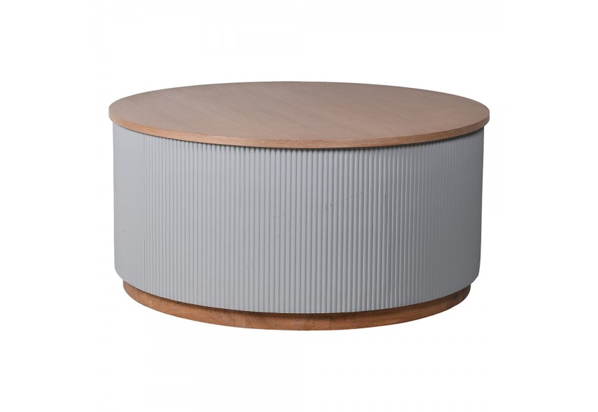 Designový konferenční stolek Bennion v kulatém tvaru z masivního dubového dřeva hnědé barvy se perlovým šedým reliéfem
