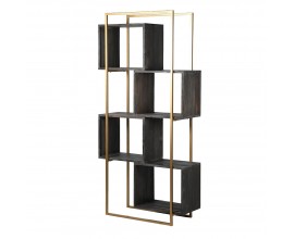 Art-deco designový regál Bunta z černého masivního dřeva ve tvaru čtverců s kovovou konstrukcí zlaté barvy 195cm