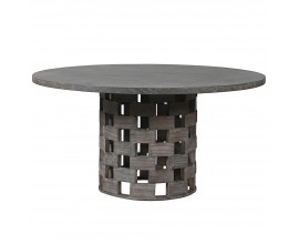 Moderní jídelní stůl Lattice s kulatou vrchní deskou v černém betonovém provedení s podstavou z masivu
