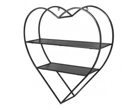 Industriální kovová polička Heartshape ve tvaru srdce černé barvy se dvěma poličkami 79cm