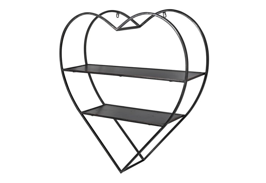 Designový kovový regál Heartshape černé barvy ve tvaru srdce se dvěma poličkami