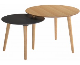 Moderní set kulatých příručních stolek Nordica Clara ze světle hnědého dřeva s masivními dubovými nožičkami 64cm