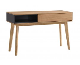 Designový skandinávský konzolový stolek Nordica Clara z dýhovaného světle hnědého dřeva s černou poličkou