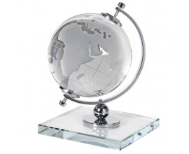 Designový skleněný globus Crystal Globe s kovovou konstrukcí na skleněném podstavci 26cm