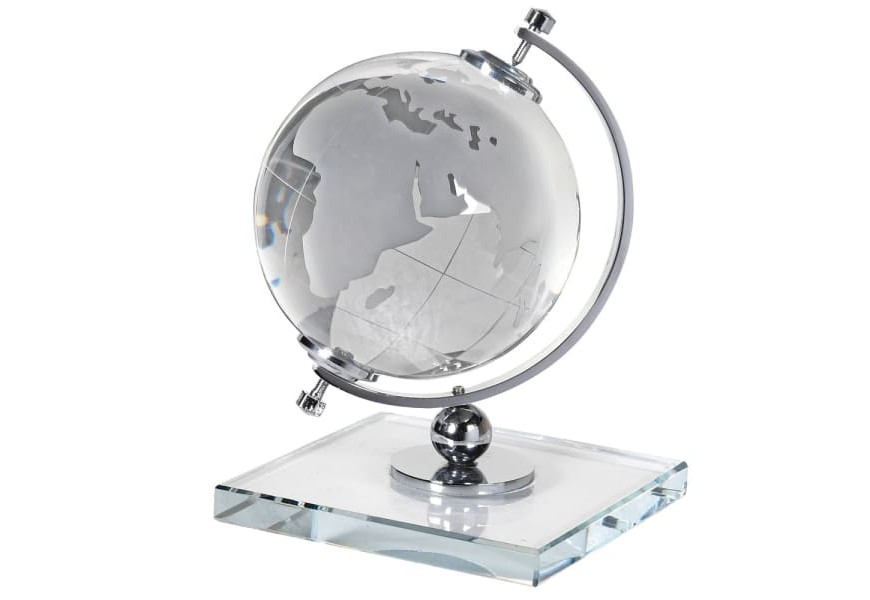 Designový skleněný globus Crystal Globe s kovovou konstrukcí na skleněném podstavci 26cm