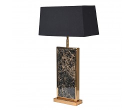 Stylová art deco stolní lampa Deby s kovovou konstrukcí ve zlaté lesklé barvě, černým textilním stínítkem a vklíněným mramorovým dekorem v černé barvě