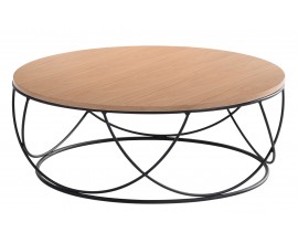 Moderní kulatý konferenční stolek Nordica Clara se světle hnědou vrchní deskou s černou kovovou podstavou 90cm