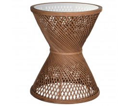 Designový příruční stolek Bambi v koloniálním stylu s bambusovým výpletem konstrukce v čokoládové hnědé barvě se skleněnou vrchn