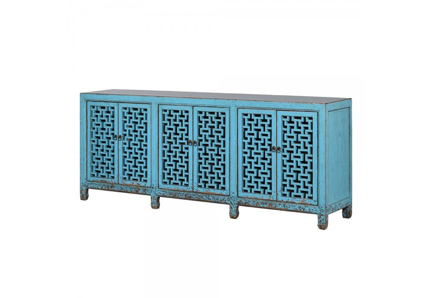 Luxusní etno stylový příborník Azuleto z jilmového dřeva ve výrazné tyrkysové modré barvě s měděnou patinou na hranách a měděnými detaily