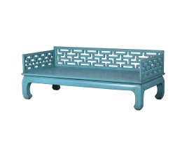 Luxusní orientální postel Azuleto II z jilmového dřeva v tyrkysovém modrém provedení a unikátním vyřezávaným dekorem 100cm