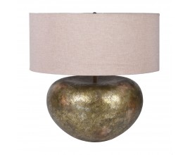 Vintage kovová zlato béžová stolní lampa Sansa s jemnou patinou a lněným stínítkem ústřičné barvy 50cm