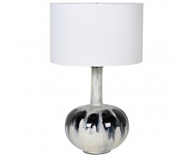 Vintage skleněné černo-bílá stolní lampa Jaquen s abstraktní kresbou bavlněným stínítkem a úzkým hrdlem 63cm