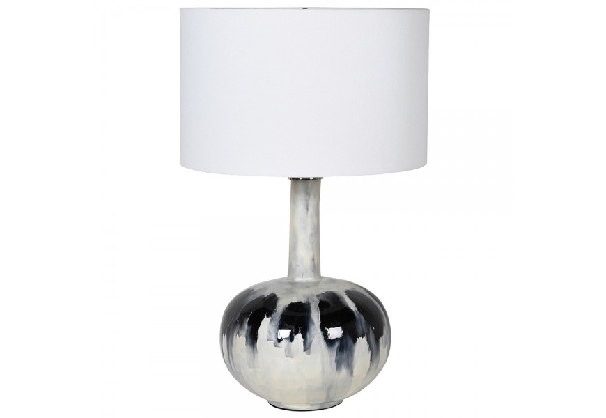 Vintage skleněné černo-bílá stolní lampa Jaquen s abstraktní kresbou bavlněným stínítkem a úzkým hrdlem 63cm