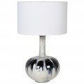 Vintage skleněné černo-bílá stolní lampa Jaquen s abstraktní kresbou bavlněným stínítkem a úzkým hrdlem 63cm