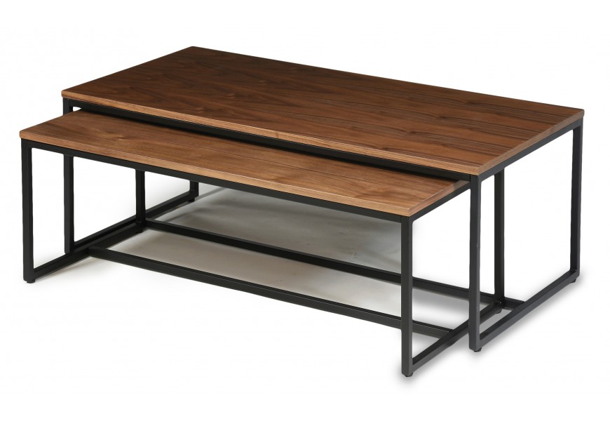Dřevěný obdélníkový hnědý konferenční stolek Vidar s černou kovovou podstavou
