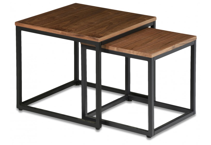 Designový čtvercový set konferenčních stolků Vidar s černou kovovou podstavou a dřevem v naturálním hnědém provedení