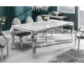 Barokní bílý jídelní stůl Modern Barock s povrchovou deskou ve vzhledu mramoru s nohama stříbrné barvy 180cm