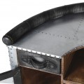 Vintage kožený černý půlkruhový barový pult Melisandry s prosklenou skříňkou a stříbronými a měděnými detaily 140cm