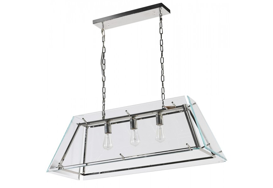 Moderní skleněný obdélníkový lustr Randyll se stříbrnou lichoběžníkovou kostrou s art-deco nádechem 101cm