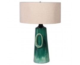 Vintage keramická noční lampa Opole s podstavou ve smaragdově zelené barvě s krémovým textilním stínítkem 65cm