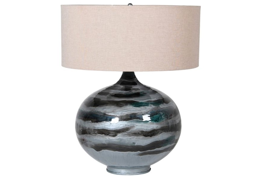 Elegantní vintage keramická lampa Belami se zaoblenou podstavou v šedých odstínech a béžovým textilním stínítkem