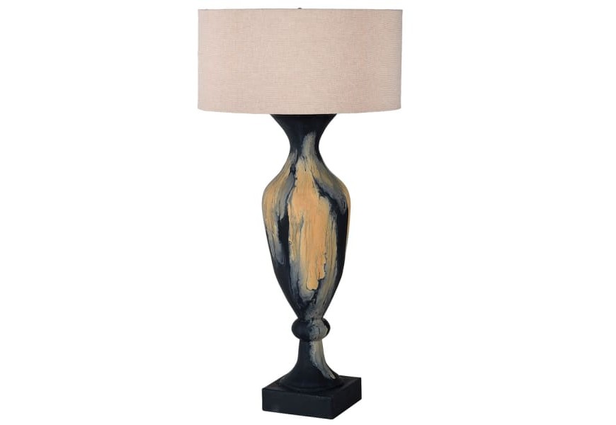 Elegantní vintage stolní lampa Elodia s keramickou černo-žlutou podstavou a béžovým textilním stínítkem
