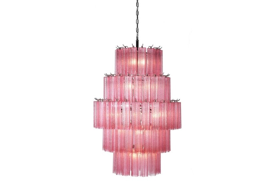 Art deco luxusní skleněný lustr růžové barvy Monteli kaskádového tvaru s kovovou konstrukcí 115cm