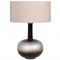 Vintage skleněná stolní lampa Tamy v hnědo-béžovém provedení s kulatým stínítkem ze lněné tkaniny a podstavou bankovního tvaru