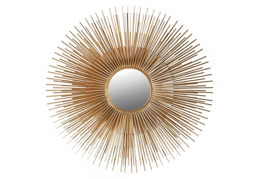 Art deco kulaté nástěnné zrcadlo Xaphania připomínající slunce s tenkými kovovými paprsky zlaté barvy 100cm