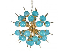 Luxusní art deco lustr Starlight se zlatou kovovou konstrukcí a kulatými stínítky v azurové modré barvě 82cm