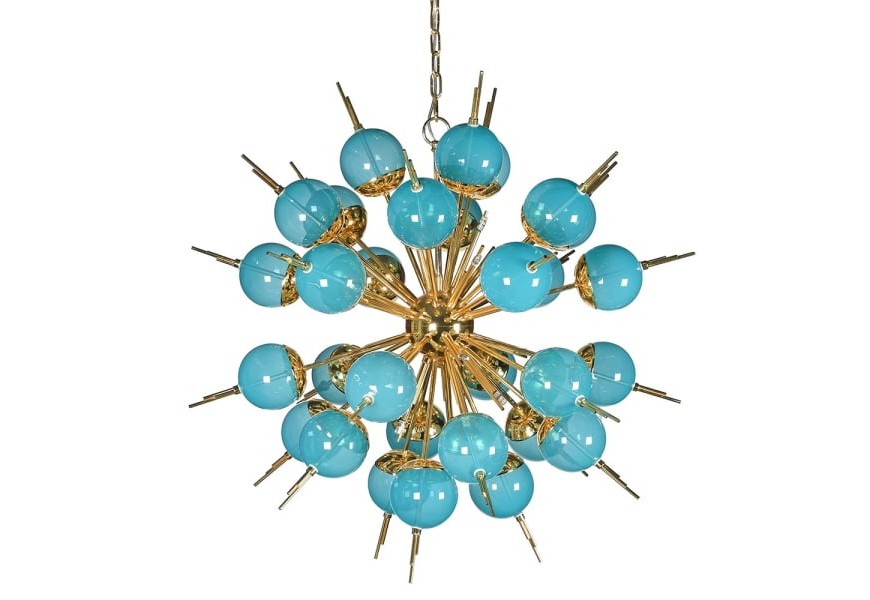 Luxusní lustr Starlight v art-deco stylu s azurově modrými skleněnými stínítky a se zlatou kovovou konstrukcí