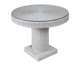 Ratanový stylový kruhový jídelní stůl Ratania Blanc se skleněnou povrchovou deskou a válcovitou podstavou 94cm