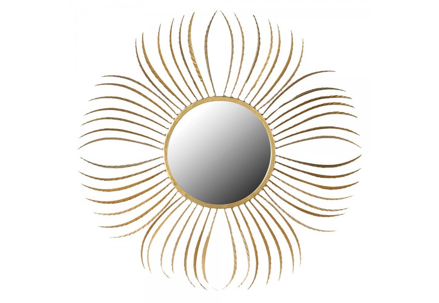 Exkluzivní kovové kulaté nástěnné zrcadlo Xaphania s kruhovou zrcadlovou pochou v tlustém rámu tvořeném tenkými dlouhými pírky zlaté barvy v art-deco provedení