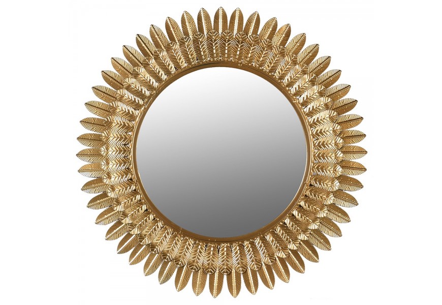 Art deco kulaté nástěnné zrcadlo Leanne s rámem tvořeným listy zlaté barvy z kovu 70cm