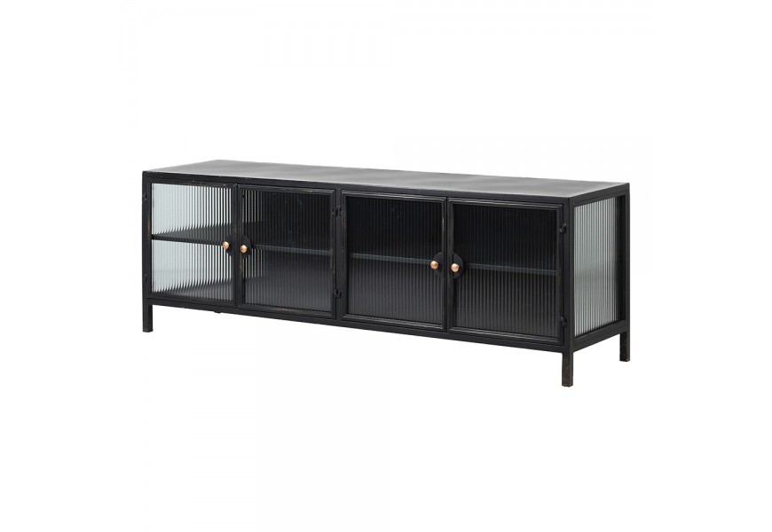 Černý TV stolek Steellytical v industriálním stylu s kovovou konstrukcí a úložným prostorem v podobě prosklených dvířek